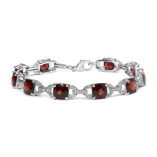 .925 Sterling Silver 7x7mm Checkered Cushion Red Garnet and Diamond Accent Fashion Tennis Link Bracelet (I-J Color, I1-I2 Clarity) - Size 7" Inch