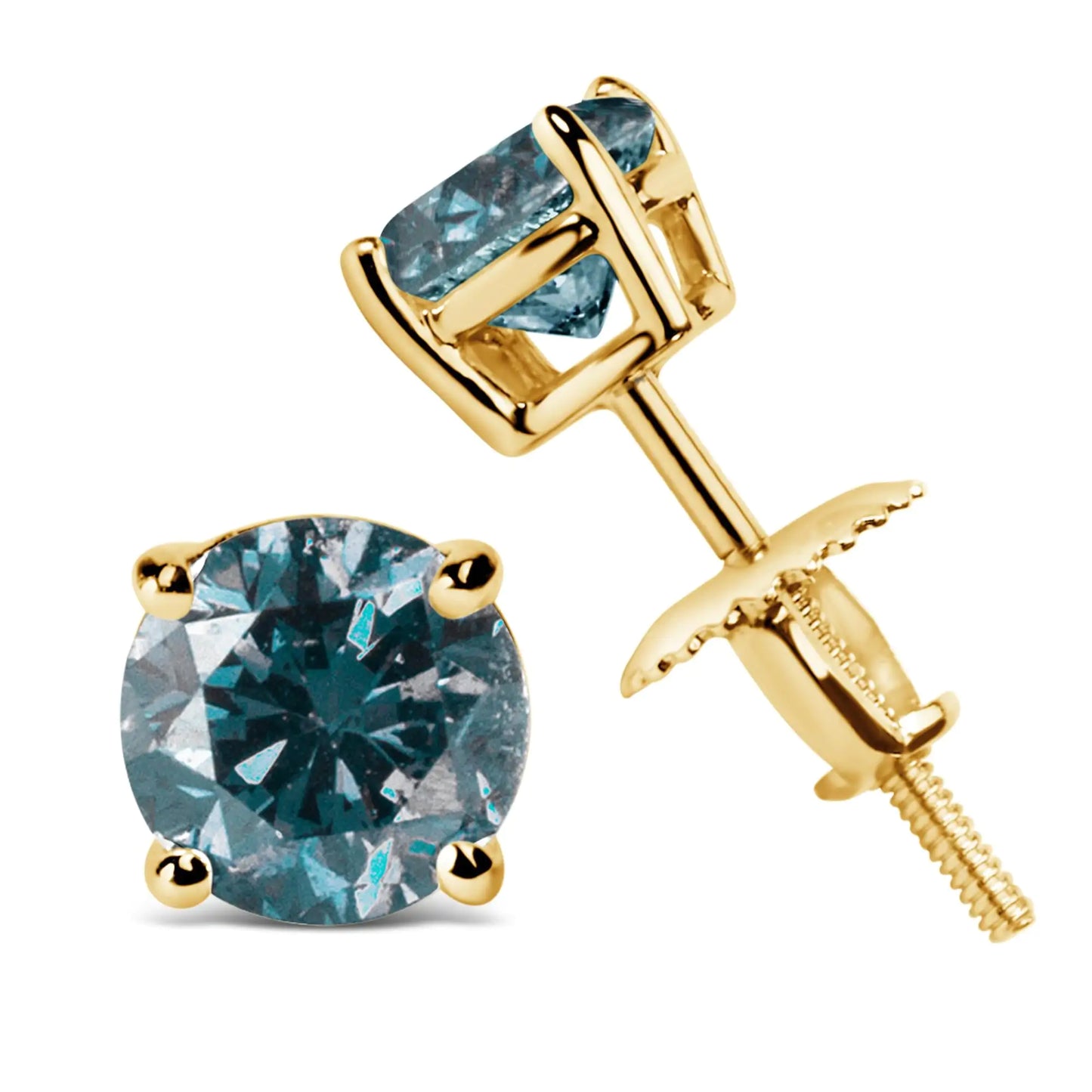 14K Gold Round Brilliant Cut Lab Grown Blue Diamond 4-Prong Classic Solitaire Stud Earrings with Screwbacks